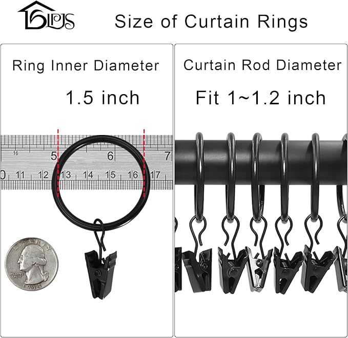 LLPJS 60 Pack Metal Curtain Rings with Clips, Curtain Clip Rings Hooks for Hanging Drapery Drapes Bows, Curtain Rod Rings 1.5 inch Interior Diameter, Black