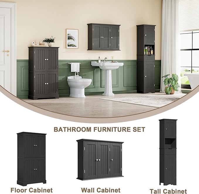 ChooChoo Laundry Cabinet with 3 Doors and Adjustable Shelves | 9.06"D x 31.1"W x 24"H, Bathroom Wall Cabinet, Cupboard, Black
