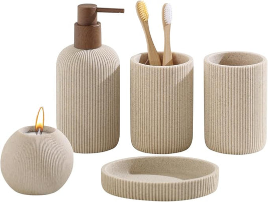 Bathroom Accessories Set, 5 PCS Modern Bath Organizer, Beige | Sandstone Look, Stripe,13.53 OZ Soap Dispenser,Toothbrush Holder,Tumbler,Soap Dish,Candle Holder for Countertop Kitchen Sink