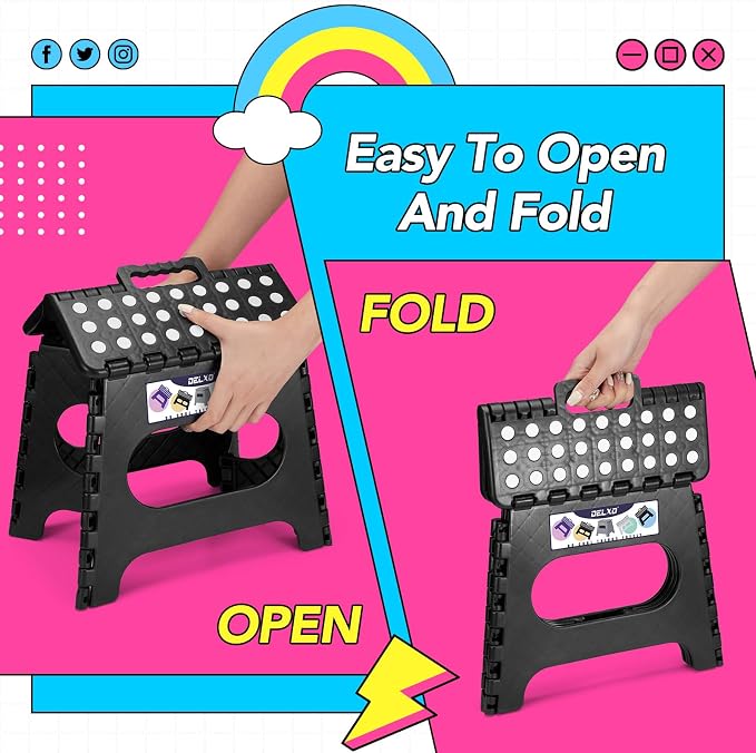 Delxo Folding Step Stool 11 Inch,300 Lbs Step Stool for Kids & Adults Black | Foldable Step Stool 11",Non-Slip Foot Stools with Handle,Lightweight Collapsible stools for Kitchen,Bathroom,Bedroom,Garden