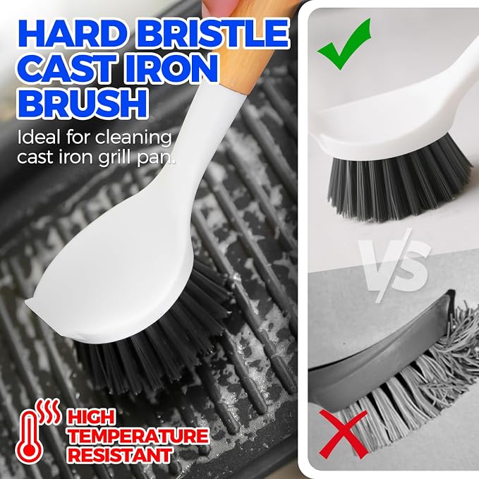Holikme 3 Pack Dish Brush with Bamboo Handle Cleaning Brush,White Black | Dish Brushes Vegetable Scrubber Round Natural Scrub Brush Cleaning Kit for Cleaning Saucepans, Pots, Pans and Vegetables