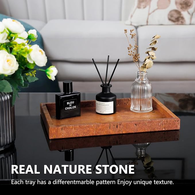 Real Natural Marble Tray for Bathroom, Vanity, Kitchen Counter & Desktop | Rectangle Genuine Stone Marble for Home Decor - Ideal for Jewelry, Cosmetics, Candles, Lotion & Perfume Display