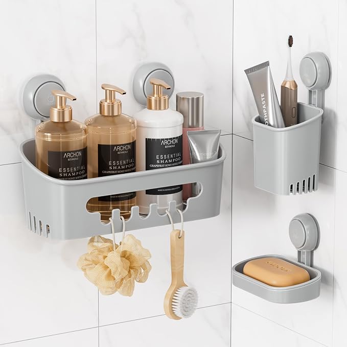 Shower Caddy Suction Cup Set Shower Organizer & Soap Holder, Grey | Toothbrush Holder, Bathroom Shelf Basket NO-Drilling, Removable Suction Storage, Waterproof Bathroom Caddy