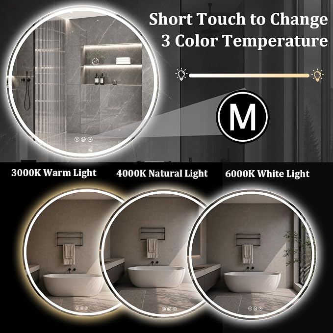 Round LED Bathroom Mirror, 36 Inch, HD Shatterproof Tempered Glass | Lighted Bathroom Mirror with Dimmable Lights Bathroom Mirror with Lights for Wall, 3 Color Temperatures