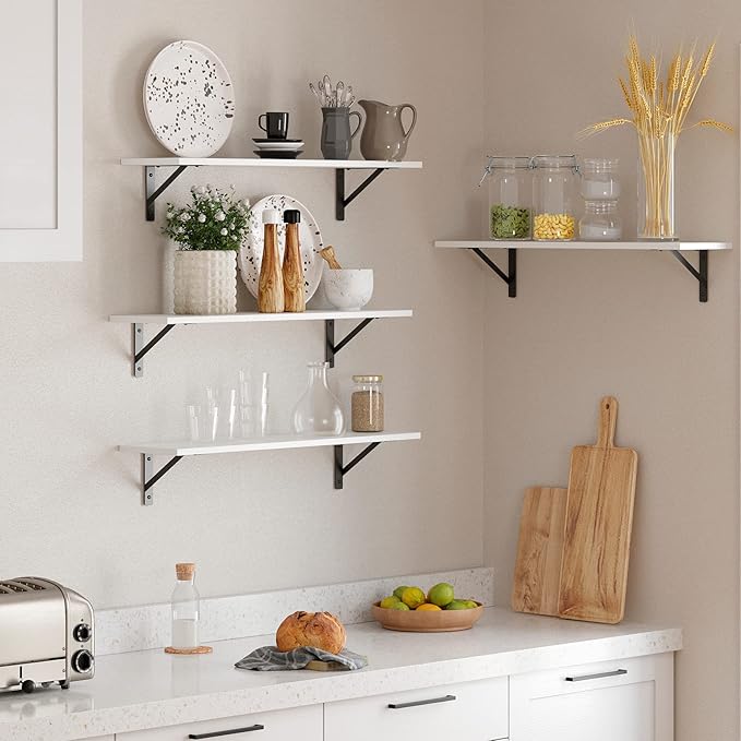 Wall Shelves, 23.6" Long Floating Shelves with Metal Brackets | Wall Mounted Book Shelf, Set of 2, Easy Assembly, Max Load 22lbs, Wooden Storage Ledges, Bedroom/Bathroom/Living Room, White