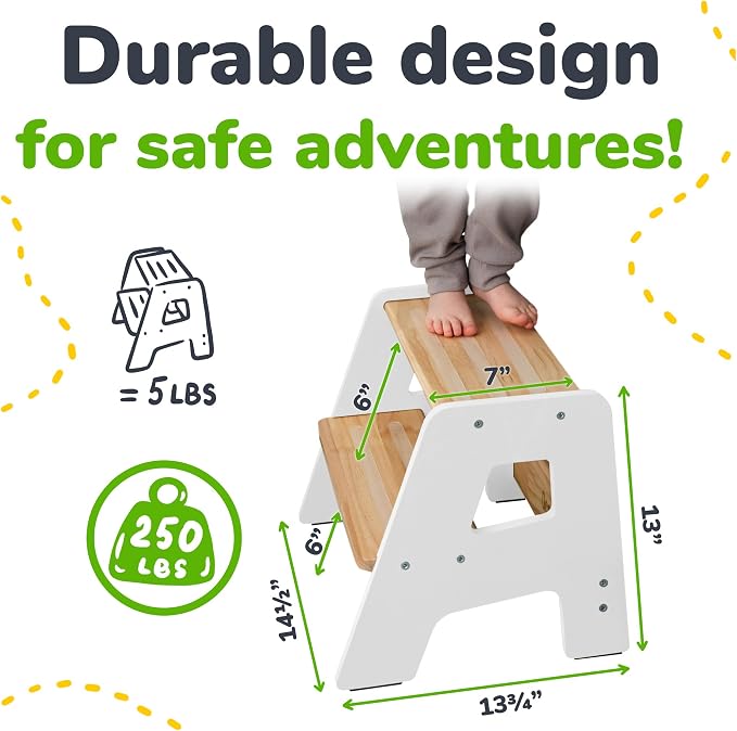 2-Step Wooden Toddler Step Stool for Bathroom Sink & Kitchen Use - White | Non-slip steps and padded feet for extra stability. Lightweight to carry, safely supports ages 2+ and adults up to 250 lbs.