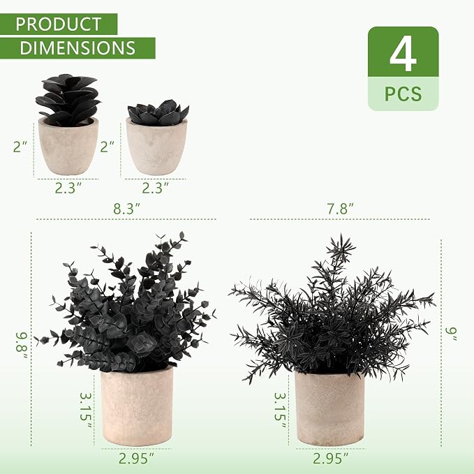 ALAGIRLS 4 Packs Fake Plants Small Artificial Plants Indoor Black Eucalyptus Rosemary Succulents Plants Potted Faux Plants for Home Indoor Office Bathroom Living Room Decor