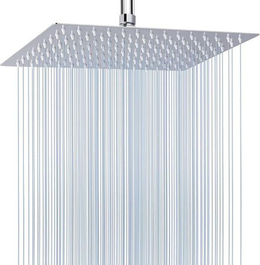 Voolan Extra Large Rain Shower Head - High Flow Square Rainfall Showerhead - Waterfall Full Body Coverage - Universal Ceiling or Wall Mount (16 * 12 Inch Rectangle, Chrome)