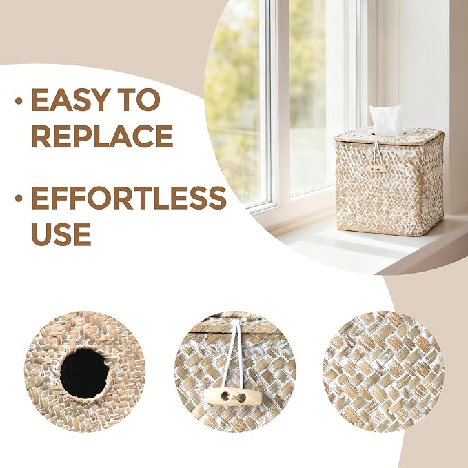 Seagrass Tissue Box Cover Square, Woven Wicker Tissue Box Holder, Whitewash | With Lid, Natural Seagrass, Handwoven, Boho Decor, Decorative Facial Cube Tissue Cover Holder for Bathroom Office Table
