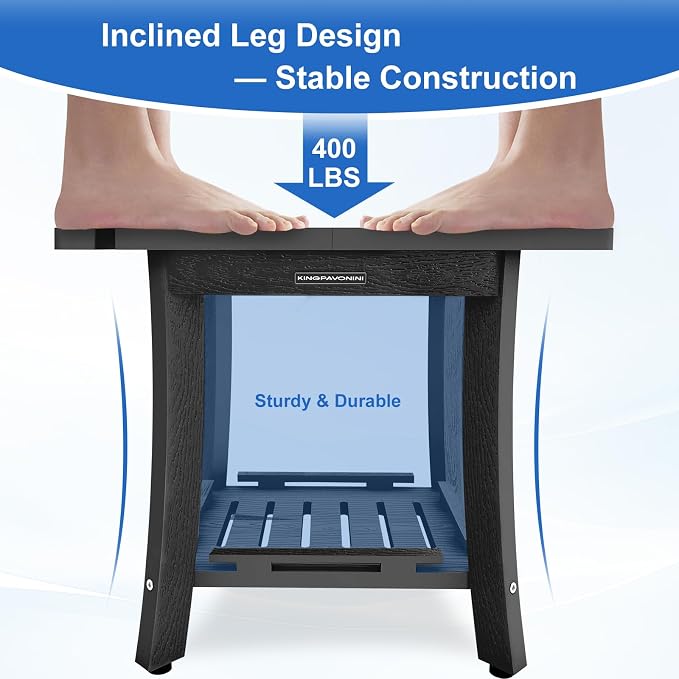 KingPavonini HDPS Shower Bench for Inside Shower to Sit on, 18.6'', Black | Waterproof Shower Stool for Shaving Legs, 400 lb, Bathroom Chair Seat with Storage Shelf, for Tub/Outdoor Use, Quick Assembly