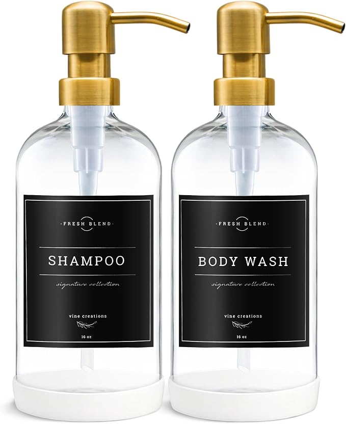 Vine Creations Glass Soap Dispenser, 2 Pack Kitchen Soap Dispenser Set with Stainless Steel Pump, 16 oz Dish Soap and Hand Soap Dispensers for Bathroom with Waterproof Labels (Clear)