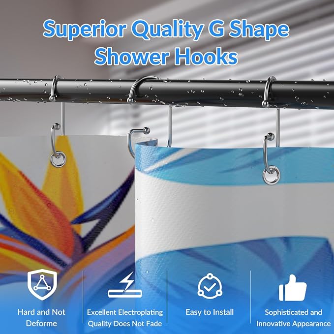 OEH Shower Curtain Hooks, 12 Pcs Shower Curtain Rings, Durable G Shape Silver Shower Curtain Hooks Rust Proof, Simple Shower Rings for Curtain, Glide Smoothly Shower Hooks for Shower Curtain, Chrome