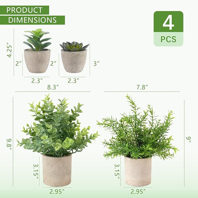 ALAGIRLS 4 Pack Small Fake Plants, 10" Artificial Plants Indoor | Eucalyptus/Rosemary/Succulents, Fake Plants for Farmhouse，Bathroom，Bedroom，Kitchen，Office Living Room Decor