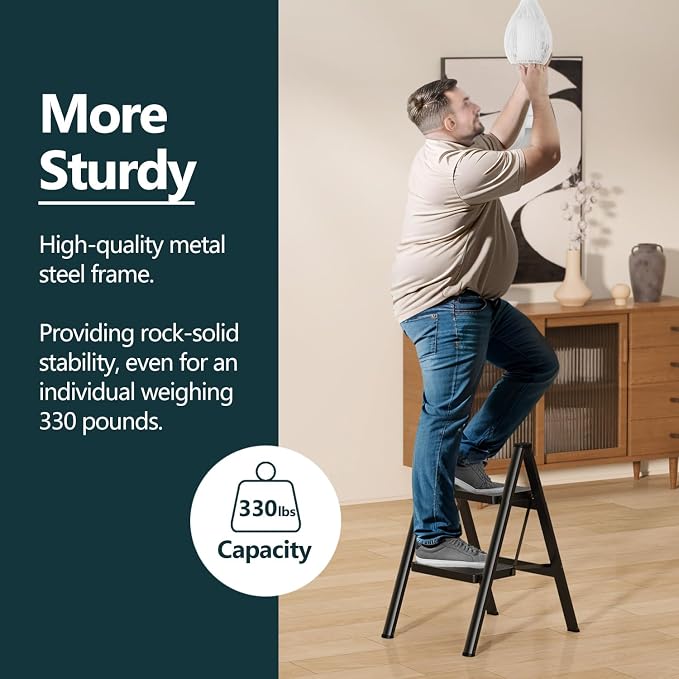 2 Step Foldable Step Stool, 330lbs Load, Black | Folded 26'' H x 2'' T; Net 7.4 lbs; Anti-Slip Feet Grip Wood, Tile, Carpet; Wide Pedals; For Kitchens, Closets.
