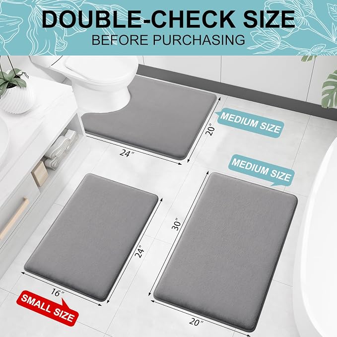 Smiry Memory Foam Bath Mat 36x24, Extra Soft and Absorbent Bathroom Rugs | Grey, Quick Dry Machine Washable Non-Slip Bath Mat for Bathroom Floor, Shower and Tub