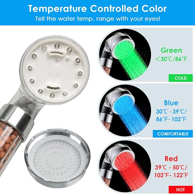 Vacto Temperature Controlled 3-color Changing Shower Head Kit, Water Saving Showerheads with Filtration Beads, LED High Pressure Handheld Shower Head Set with Hose and Bracket