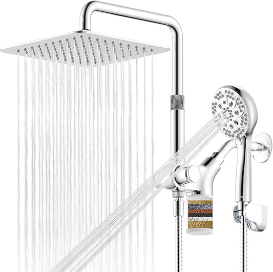 Upgraded Dual Shower Heads Combo, 10 inch Filtered Shower Head with Handheld, 3-Way Rain Shower Head with Filters, 7 Settings Handheld Spray, High Pressure, Height Adjustable (Silver)