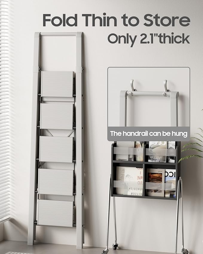 HillhutApex Aluminum 5 Step Ladder, Step Stool Foldable Ladder(Pale Grey) | Stepladder with Handgrip,Anti-Slip Pedals,330lbs Capacity,Lightweight Portable Folding Ladder for Home,Office,Libaray
