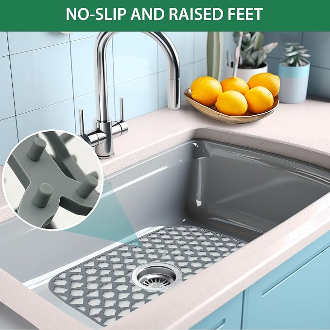 Silicone Sink Protector Mats for Multi-Size Kitchen Sink (16.8"x12.6") | Flexible and durable, heat-resistant, machine washable, non-slip, gray grid.