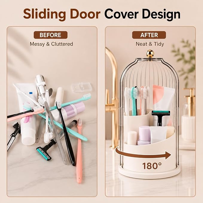 Rotating Toothbrush Holder with Cover, Storage for Bathroom, Dustproof Toothbrush Holder with Sliding Lid Electric Tooth Brush and Makeup Brush Organizer for Vanity, Dustproof with Cover