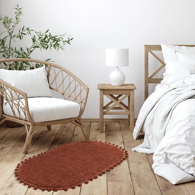 YIRDDEO Oval Rug for Bathroom, Cute Boho Bath Mat with Pom, Terracotta | Soft Plush, Absorbent, Quick Dry, Machine Washable, Non Slip Bath Mat for Bathroom Shower Floor Home Decor
