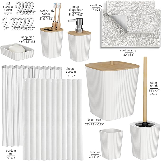 Clara Clark White Bathroom Set, Bathroom Sets with Shower Curtain and Rugs | 22 Piece Bathroom Accessories Set with Toothbrush Holder, Soap Dispenser, Soap Dish, Toilet Brush, and Bathroom Trash Can