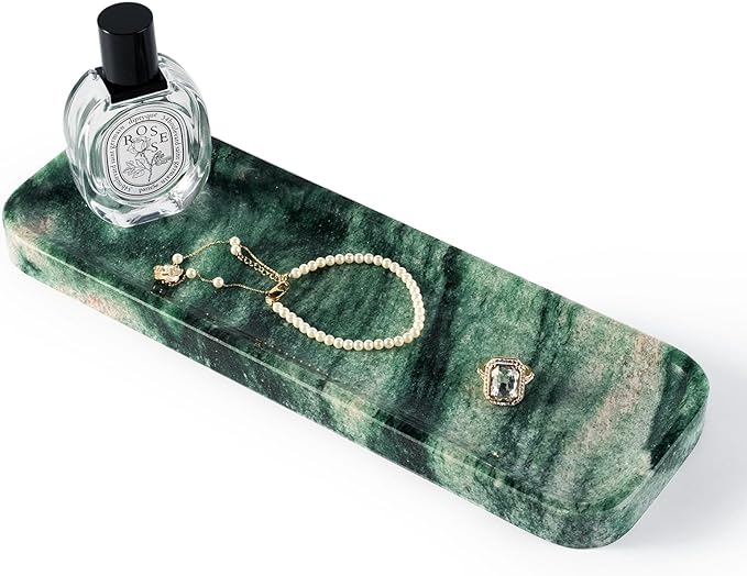 Marble Tray for Bathroom Sink, 12"x4" Natural Stone Vanity Tray for Kitchen Dresser Countertop, Rectangular Decorative Marble Tray for Jewelry Perfume Trinket(Green)