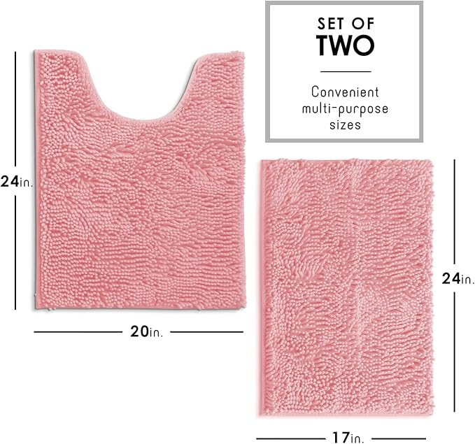 Hearth & Harbor Bathroom Rugs, Chenille Bath Mat - Machine Washable Bath Mats for Bathroom Non-Slip Backing Rubber, Quick Dry Bathroom Mat, 17 x 24 + 20 x 24 - Pink