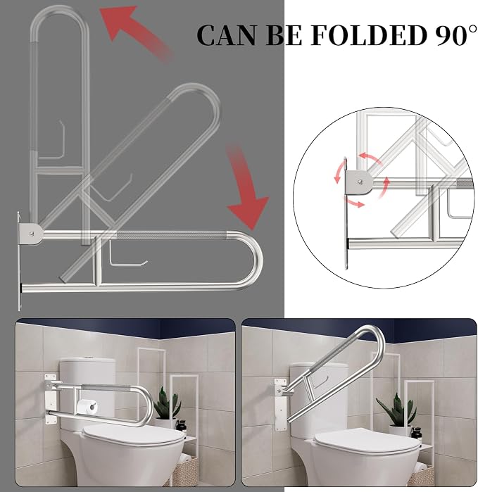 Toilet Grab Bar 32 Inch, YuanDe Brushed Nickel Anti-Slip Support Rail | U Shaped Flip-Up Grab Bar with Paper Holder, Stainless Steel Knurled Handicap Safety Handrails for Disabled Elderly Pregnant