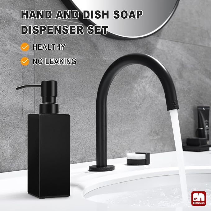 GMISUN Black Soap Dispenser, Hand Soap Dispenser Bathroom, 12oz Glass Soap Dispenser with Stainless Steel Pump, Liquid Dish Soap Dispenser for Kitchen, Modern Bathroom/Kitchen Soap Dispenser Set