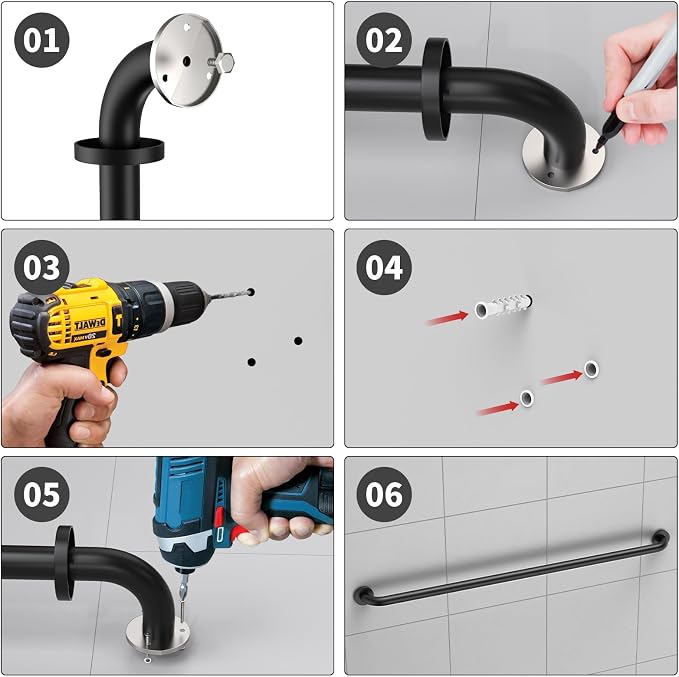 ZUEXT 2 Pack 48 Inch Extra Long Black Bathroom Grab Bars, 1.25" Diameter | Grab Bar Handle for Wall, Shower Balance Bar, Safety Hand Rail Support, for Handicap Elderly Injury Seniors, Stainless Steel
