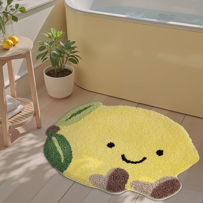 LUMI Cute Bathroom Rug, Absorbent Non Slip Bath Mat, 20.5"x29", Lemmy | Soft Plush Microfiber Yellow Rug, Quick Dry, Washable Fruit Bathmats for Shower Floor, Sink Bathtub, Bedroom, Kids Room