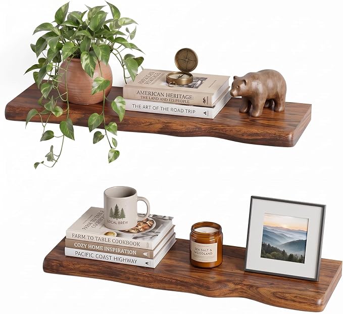 Medium Walnut Finish Floating Shelves with Hidden Bracket, Organic Wavy Edge Wall Shelves, Jointed Solid Pine Construction,Rustic Wall Decor for Living Room & Bathroom (Set of 2-24"
