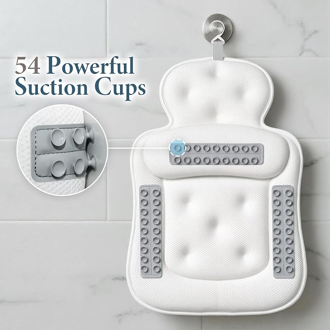 Bath Pillows for Tub, Comfortable Bathtub Cushion for Head and Neck with Soft 3D Mesh Fabric and 54 Non-Slip Suction Cups, Relaxing Tub and Shower Accessories Spa Gift Beige Extra Thick