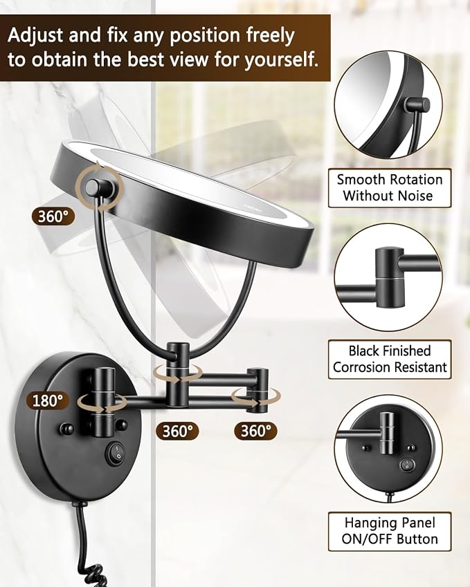 ALHAKIN 9" Wall Mounted Lighted Makeup Mirror, Large Double Sided 1X/10X Magnifying Mirror with 3 Color Lights Dimmable, 360° Rotation, Black