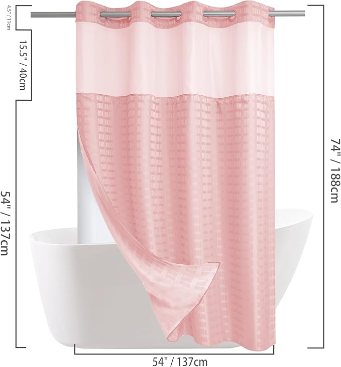 Conbo Mio Stall No Hook Shower Curtain with Snap in Liner Set, Hotel Luxury Pink Shower Curtains for Bathroom with See Through Top Window, Waterproof, Washable 54W x 74H