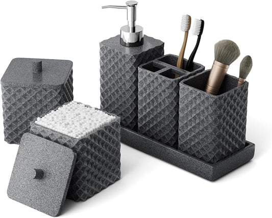 Bathroom Accessories Set Resin 6PCS, Square Toothbrush Holders Set Complete with Soap Dispenser, Vanity Tray, Tumbler, Cups and Cotton Swab Jars (Gray Diamond, Resin Bath 6 PCS)