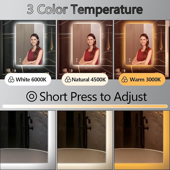 Niccy LED Bathroom Mirror, Backlit Mirror with Lights for Wall Frameless | Anti-Fog, 36"x24", 3 Color Dimmable, Lighted Bathroom Mirror for Wall, Memory Function, CRI>90, HD Glass, Horizontal/Vertical