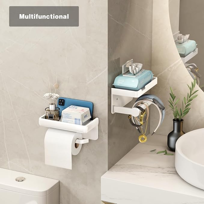 VOLDRA Toilet Paper Holder with Phone Shelf, Self-Adhesive or Screw Toilet Tissue Roll Holder Wall Mount, Rustproof & Multifunctional Bathroom Toilet Paper Holder Storage Dispenser(White)