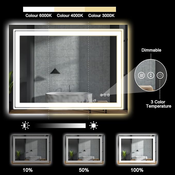 Snowdool 40 x 32 in LED Bathroom Mirror, Front and Backlit, Anti-Fog | Front and Backlit, Stepless Dimming, Anti-Fog, Memory Function