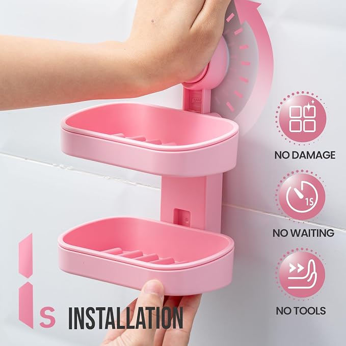 TAILI Soap Holder, Soap Dish for Shower Suction Cup, Bar Soap Holder, Pink | 2 Layer Removable Soap Holder Shower, Soap Tray for Shower Wall, Drill Free Sponge Holder, Bathroom & Kitchen, No drill