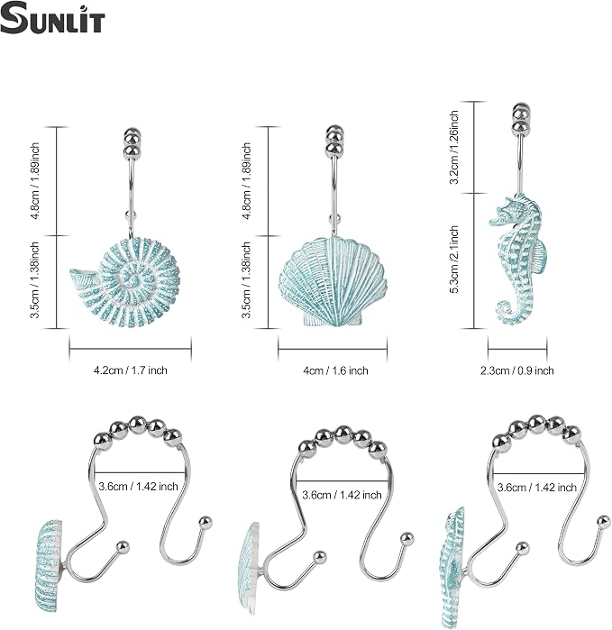 Sunlit Seashells Decorative Double Shower Curtain Hooks, Aqua Blue Ocean Creatures Coastal Shower Curtain Rings, Resin, Nautical Bathroom Decoration Beach Shower Curtain Hooks-12 Pack