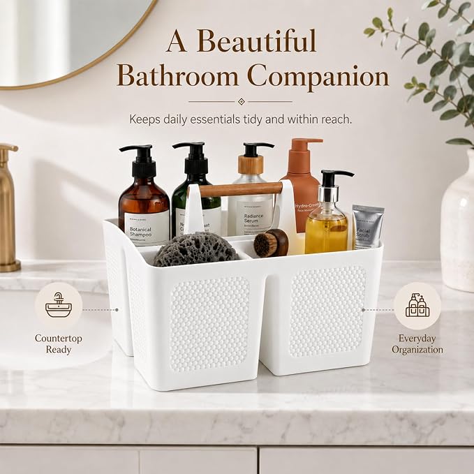 Plastic White Shower Caddy Basket with 3 Compartments, Portable Divided Bathroom Cleaning Caddy Organizer Storage Tote with Handle for Dorm, College, Room Essentials