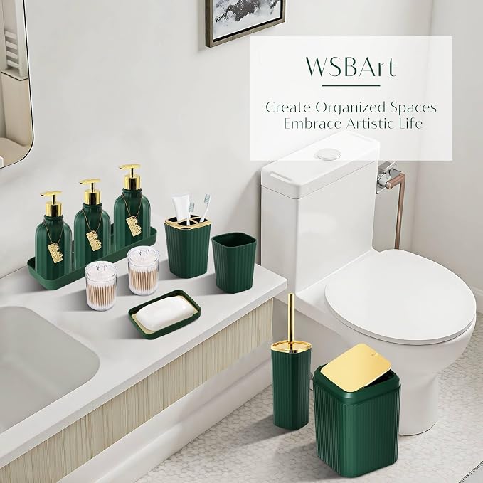 17PCS Bathroom Accessories Set, Dark Green Bathroom Set Bathroom Accessories Set with Trash Can, Toilet Brush, Toothbrush Holder, Qtip Holder & 3PCS Soap Dispenser