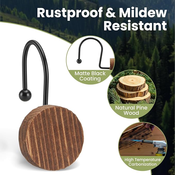 Wood Shower Curtain Hooks,Boho Shower Curtain Rings Decorative,Free Sliding Shower Hooks for Shower Curtain & Liners, Shower Curtain Hangers for Bathroom Shower Curtain Rods Curtains(Brown, 24)