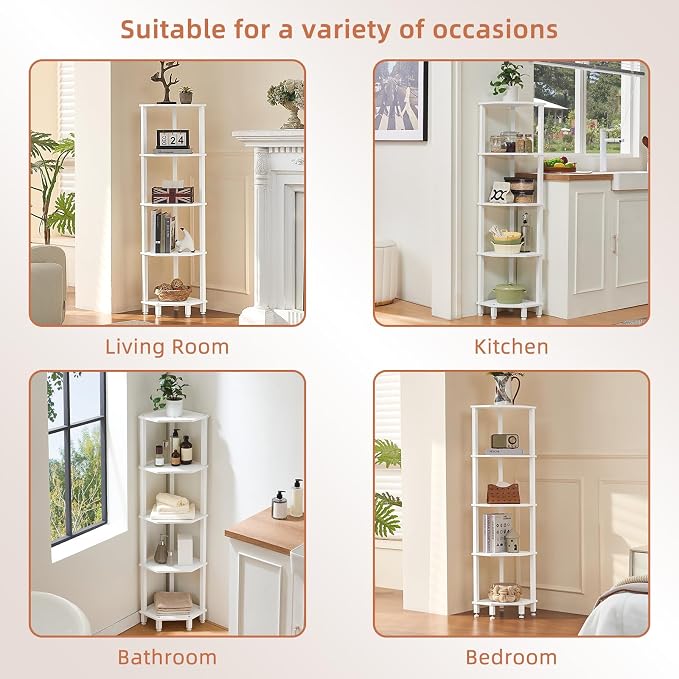 YUFAM 5-Tier Corner Shelf, White | Wooden Corner Bookshelf for Small Spaces, Corner Standing Shelf with Sturdy 5-Leg Base