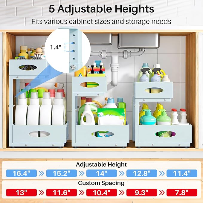 Under Sink Organizer, 2 Tier Pull Out Under Cabinet Organizer Shelf with Pad for Framed Cabinets, Metal Slide Out Under Sink Storage, Mesh Sliding Drawers for Kitchen Bathroom Laundry(Blue, 1 Pack)