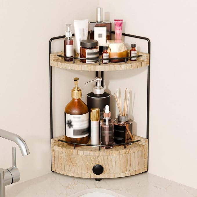 2-Tier Corner Bathroom Countertop Organizer with Drawer | Embedded Screw Holes, Space-Saving, Solid Wood Counter Shelf, for Makeup & Skincare Storage, Light Brown