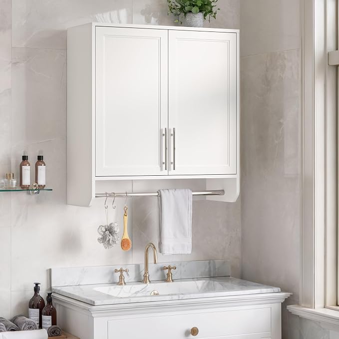 FIMELLO 29.5’’ Wall Cabinet with Hanging Rod, Laundry Room Cabinets Wall Mounted, Bathroom Wall Cabinet, Adjustable Shelf, Shaker Door, White