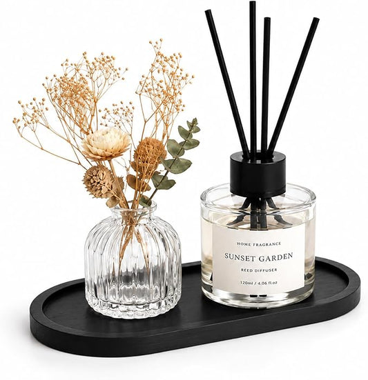SheeChung Bathroom Counter Tray, Small Bamboo Vanity Tray - 6.9" x 3.5" | Black, Decorative Kitchen Countertop Organizer for Soap Dispenser, Perfume, Jewelry, Catchall, Makeup, Candle, Coffee Table